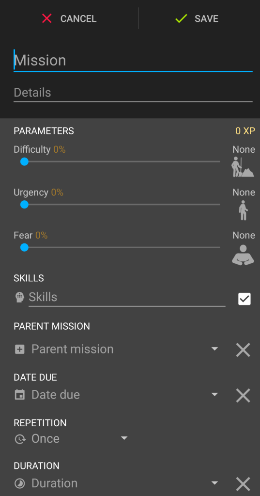 LifeRPG's many settings for creating a task