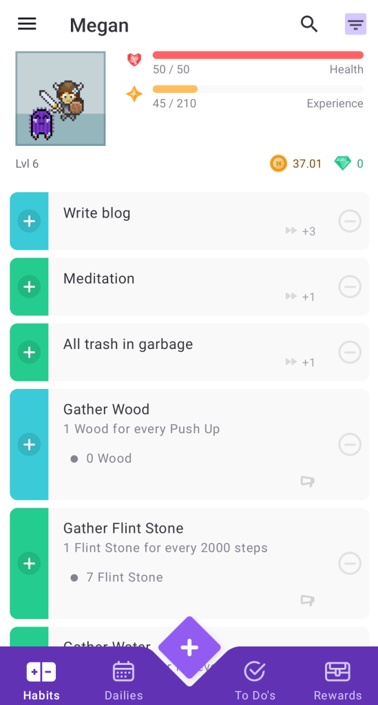 My habits list and character
