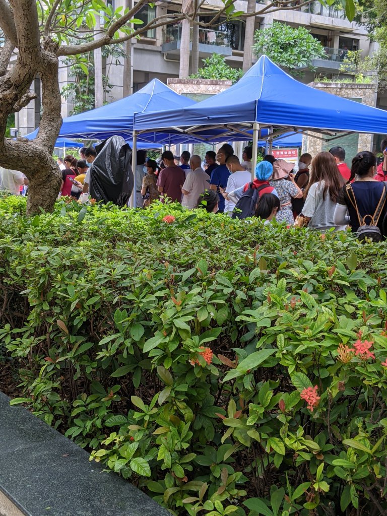 3 short lines of people waiting under a tent for their turn to get tested