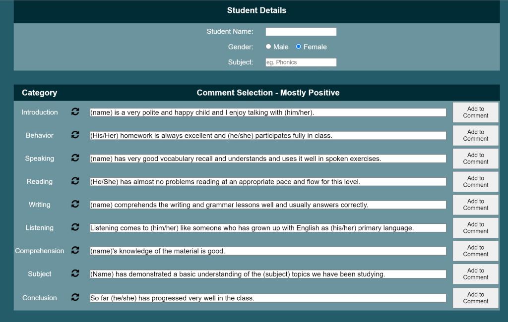 Screen to add the student's name and gender and the options for adding sentences to the comment.